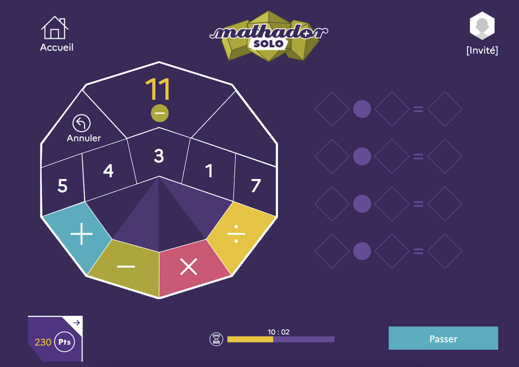 Mathador Solo version numérique - épreuve avec soustraction
